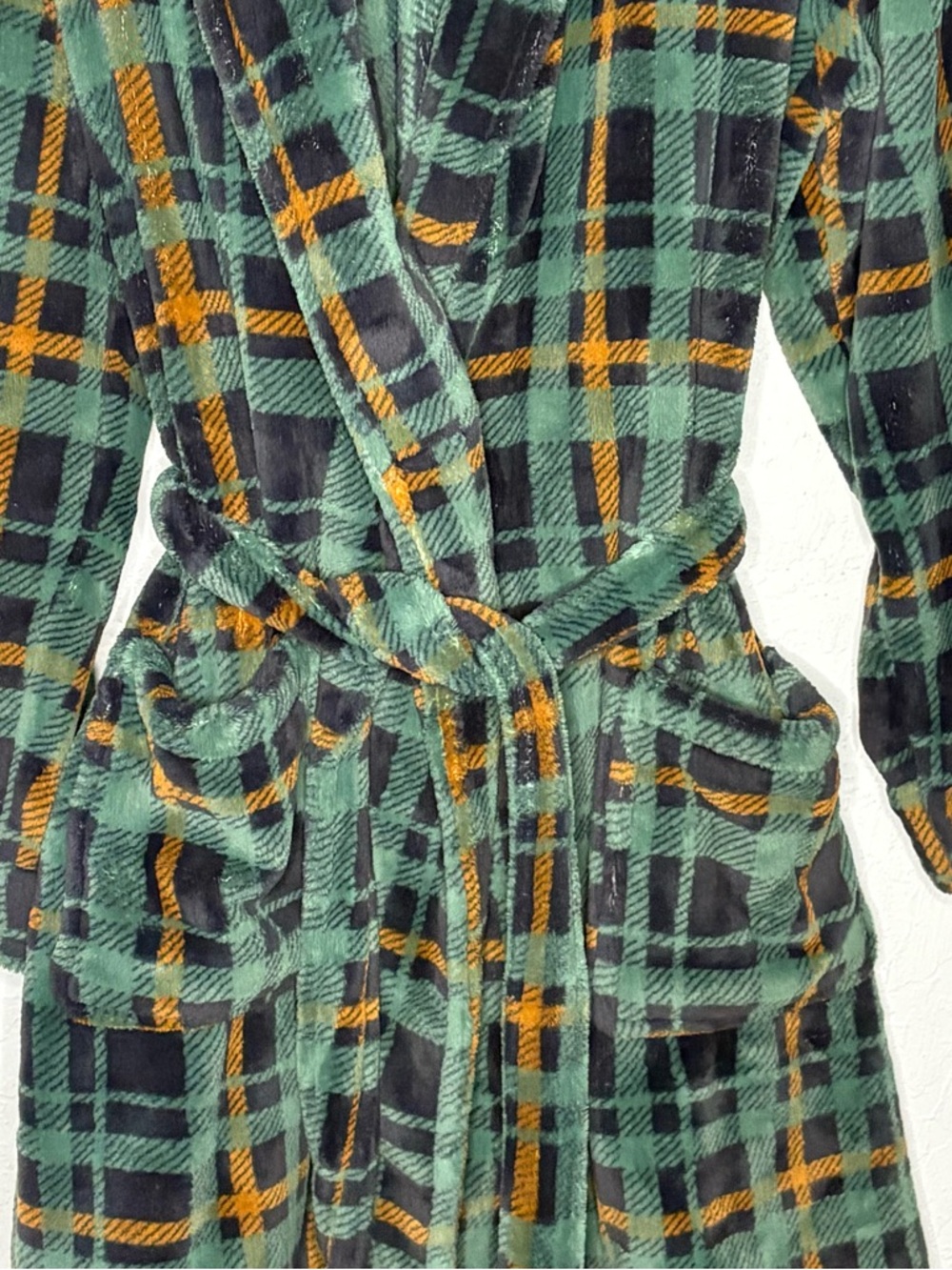 LL Bean Mens S Fleece Robe Green Plaid Shawl Collar Belted Plush Bathrobe Pocket - Picture 4 of 14